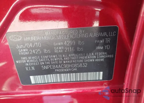2011 Hyundai Sonata Gls from USA, damaged, VIN 5NPEB4AC9BH085832